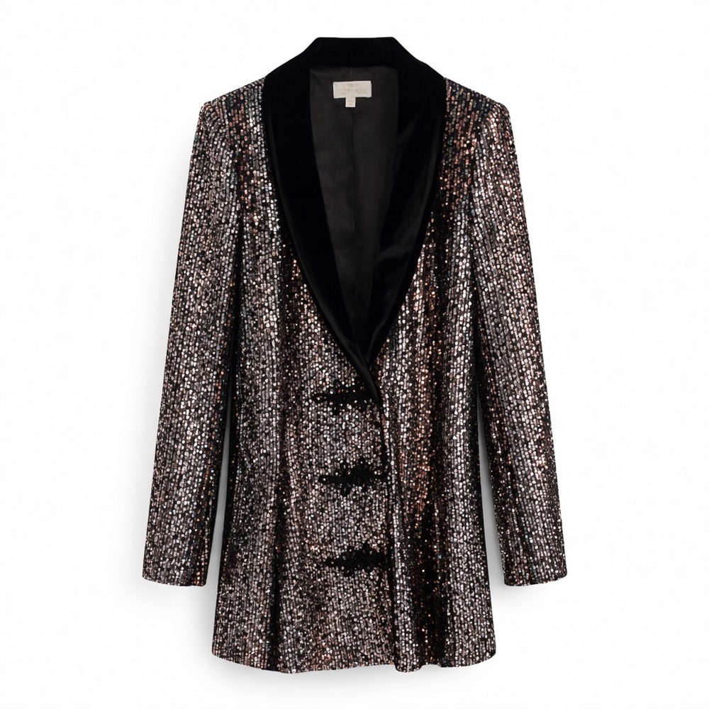 TORN BY RONNY KOBO Sequin Blazer Black Velvet Collar Evening Jacket
